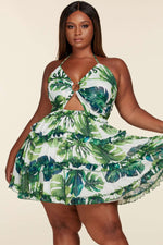 Fasheabe Leaf Print O-ring Mini Dress - Plus Size