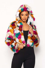 Fasheabe Multicolor Faux Fur Hooded Jacket With Front Zipper