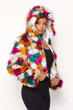 Fasheabe Multicolor Faux Fur Hooded Jacket With Front Zipper