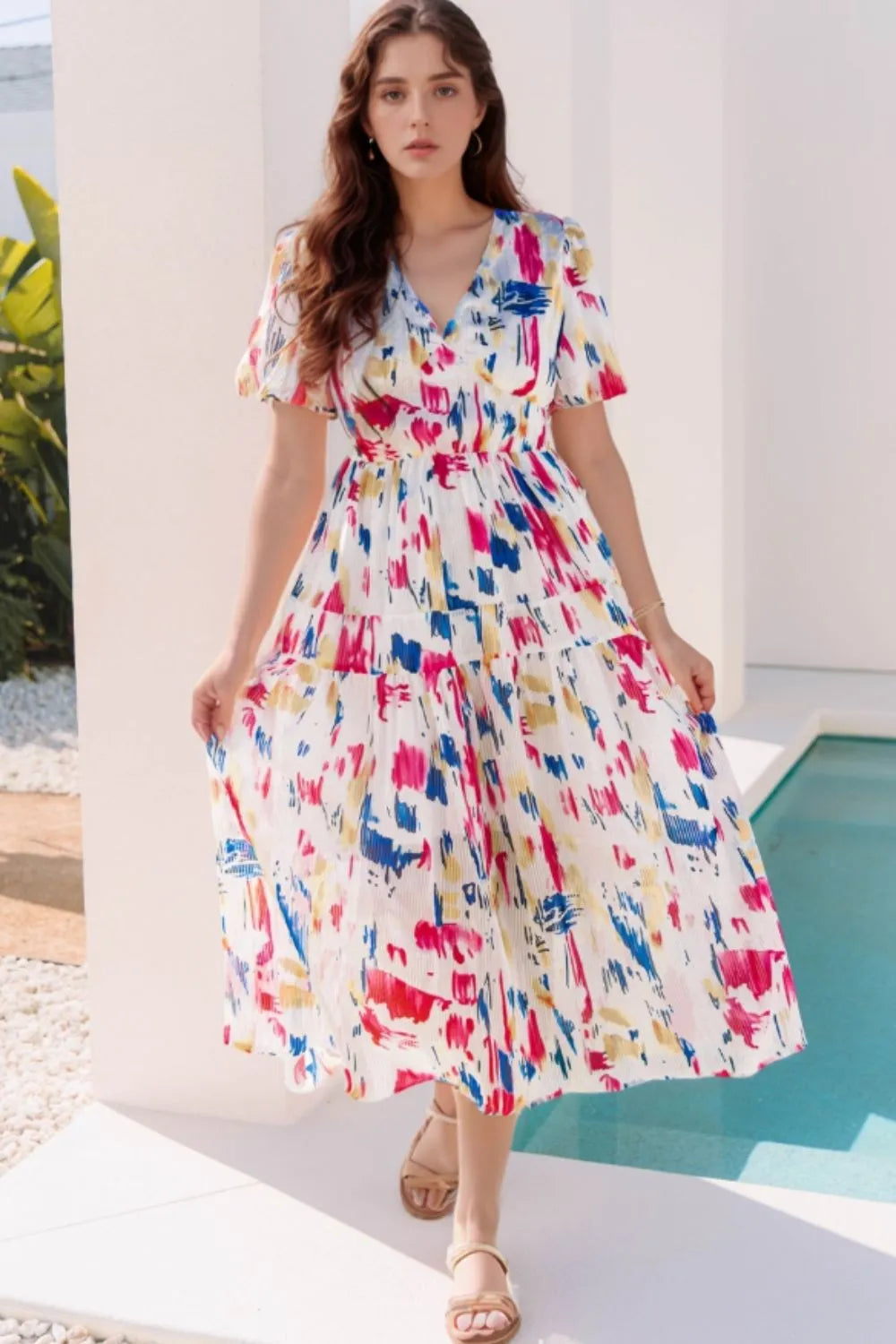 Abstract Print Short Puff Sleeve Tiered Maxi Dress - Shopimist