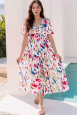 Abstract Print Short Puff Sleeve Tiered Maxi Dress - Shopimist