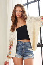ADORA Full Size Contrast Crochet Open Front Long Sleeve Cardigan - Shopimist