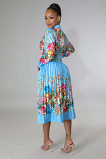 Pleated Print Long Sleeve Mid-Calf Lapel Standard-Waist Pullover Dress