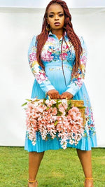 Pleated Print Long Sleeve Mid-Calf Lapel Standard-Waist Pullover Dress