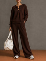 Women's Single-Button Split-Neck Sweatshirt & Wide-Leg Pants Set