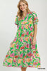 Umgee Floral Print Puff Sleeve Tiered Midi Dress