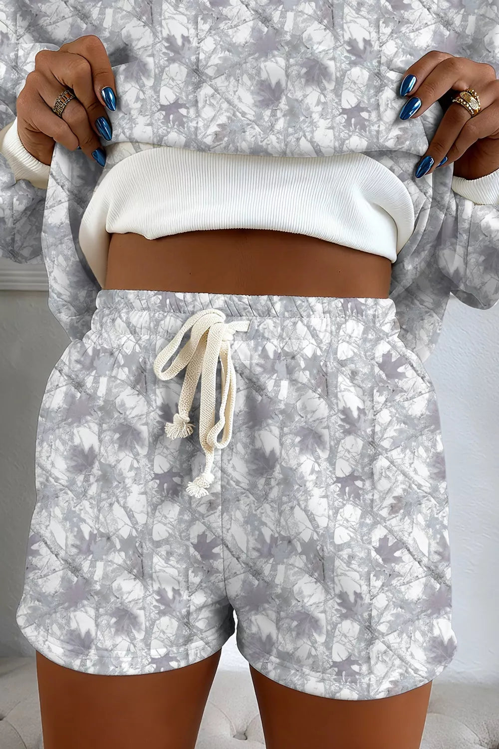 Abstract Woodland Camo Print Baggy Pullover Drawstring Shorts Set - Shopimist