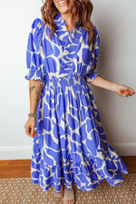 Abstract Print Smocked Waist Puff Half Sleeve Dress - Shopimist