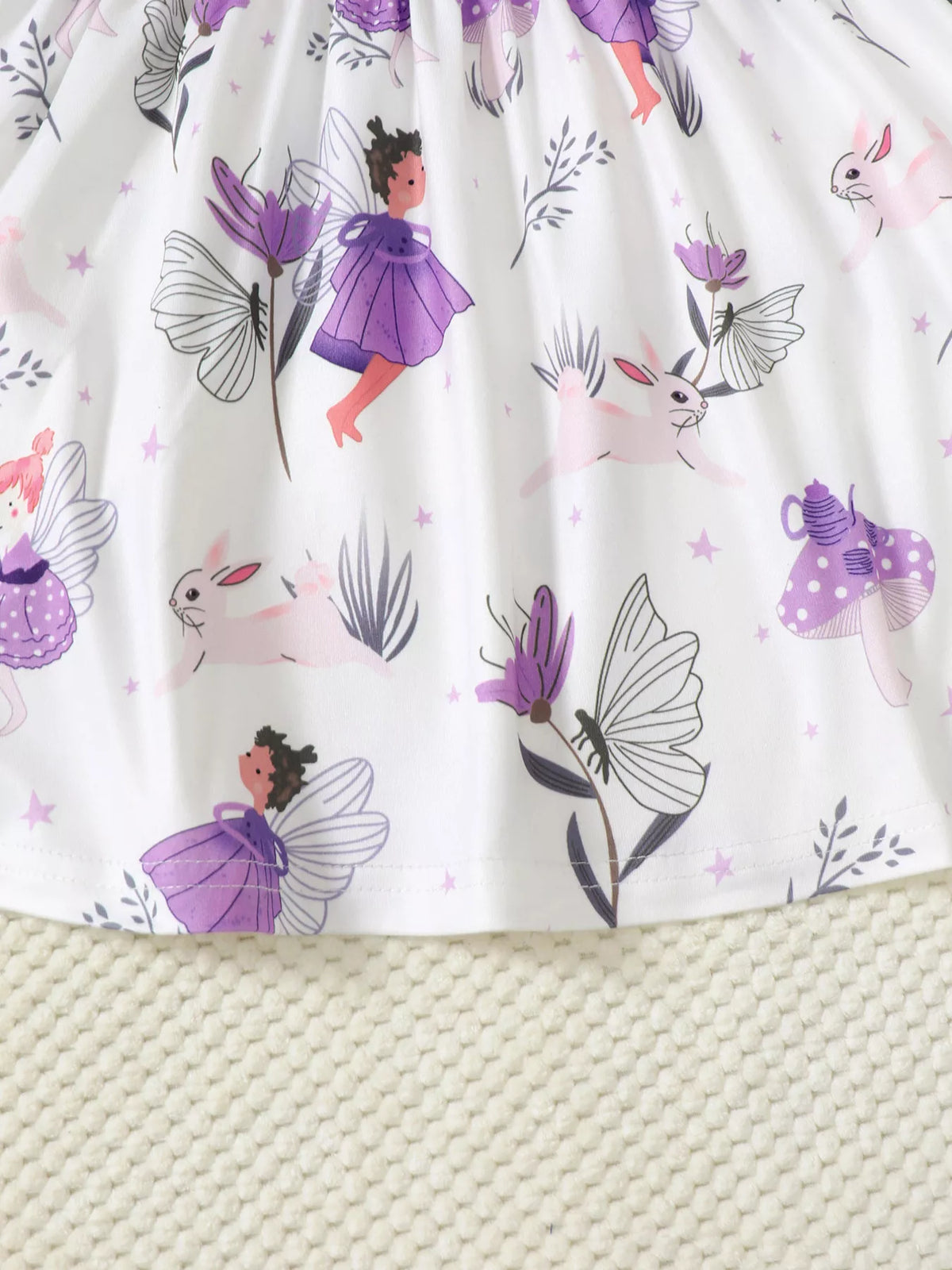 White kids’ dress with purple fairy, flower, and bunny print, stylish Shopimist apparel