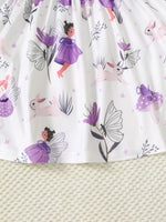 White kids’ dress with purple fairy, flower, and bunny print, stylish Shopimist apparel