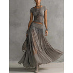 Women's Ribbed Knit Fringe-Hem Crop Top & Tiered Crinkle Chiffon Maxi Skirt Boho-Luxe Set