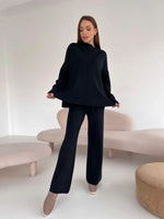Women's Fine-Knit Mock-Neck Oversized Tunic Top & Wide-Leg Trouser Set