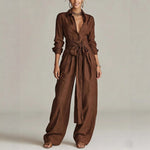 Women's Linen Long Sleeve Shirt & High-Waist Wide-Leg Pants Set with Tie Belt