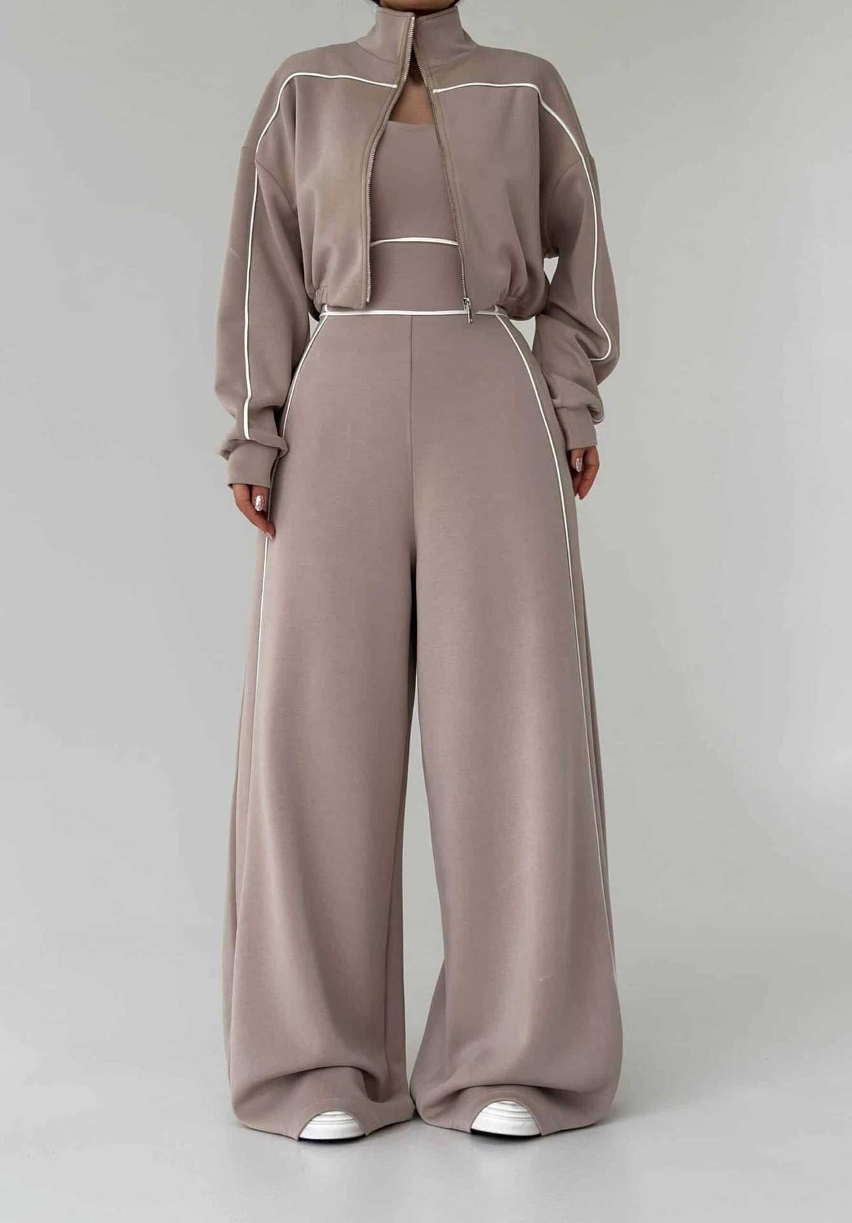 Women's Contrast-Piped Wide-Leg Jumpsuit & Cropped Zip Jacket Set