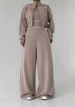 Women's Contrast-Piped Wide-Leg Jumpsuit & Cropped Zip Jacket Set