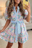 Floral Print Striped Contrast Trim Belted Short Dress