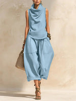 Women's Draped Cowl-Neck Sleeveless Top & Voluminous Balloon Lantern Trouser Set