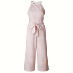 Women's Striped Halter Neck Jumpsuit with Self-Tie Belt & Wide-Leg Crop