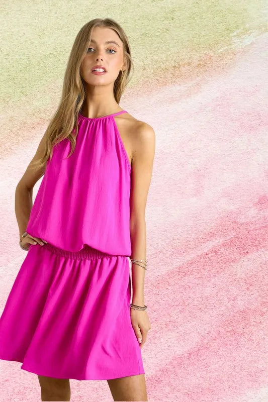 ADORA Halter Neck Smocking Waist Dress - Shopimist