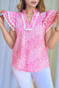 Abstract Print Ric Rac Trim Flutter Sleeve Notched Blouse test