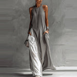 Off-Shoulder Color-Block Flared Maxi Dress with Pockets