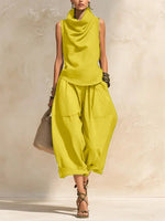 Women's Draped Cowl-Neck Sleeveless Top & Voluminous Balloon Lantern Trouser Set