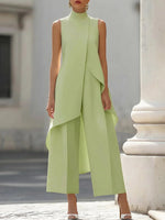 Women's Mock Turtleneck Sleeveless Asymmetric Cascade Drape Longline Top & Wide-Leg Cropped Trouser Set