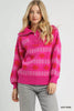 Umgee Floral Patterned Jacquard Quarter-Zip Pullover Sweater