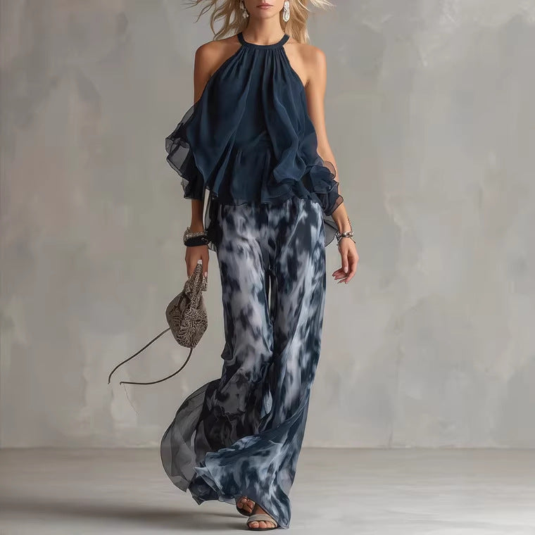 Women's Navy Ruffled Halter Top & Abstract-Print Palazzo Pants Set
