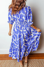 Abstract Print Smocked Waist Puff Half Sleeve Dress - Shopimist