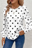 Polka Dot Print Round Neck Frilled Long Sleeve Blouse