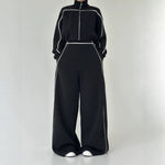 Women's Contrast-Piped Wide-Leg Jumpsuit & Cropped Zip Jacket Set