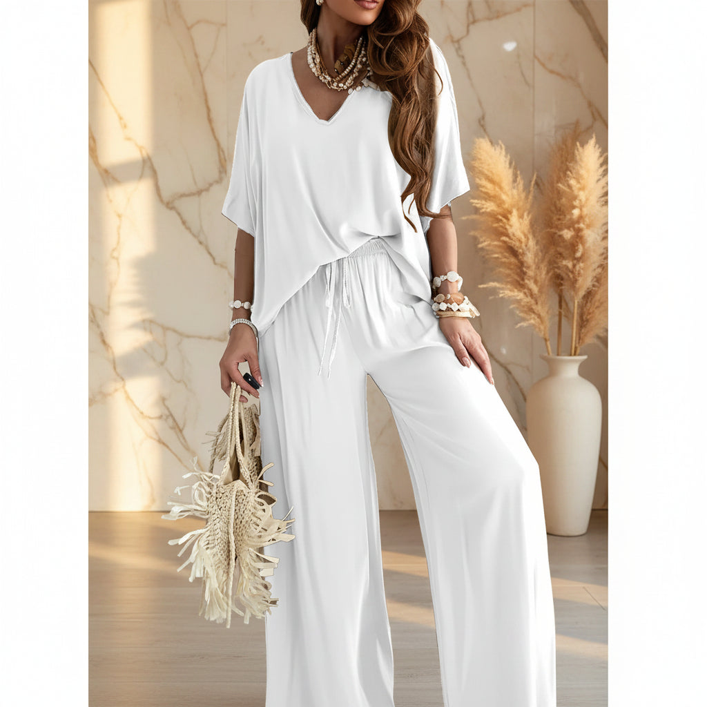 Women's V-Neck Batwing Top & Drawstring Wide-Leg Pants Two-Piece Set