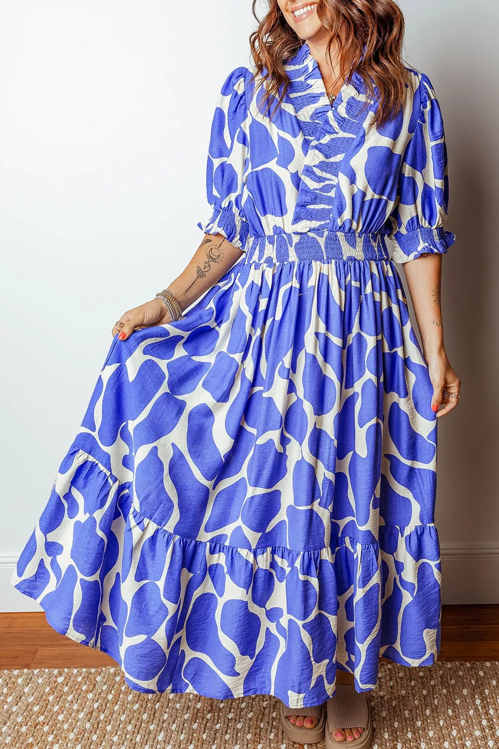 Abstract Print Smocked Waist Puff Half Sleeve Dress - Shopimist