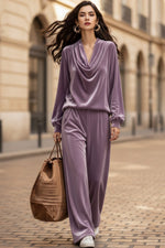 Women's Gold Velvet Cowl Neck Drop-Shoulder Top & Wide-Leg Pants Set – 8 Colors