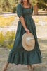 Plaid Square Neck Shirred High Waist Ruffle Hem Maxi Dress test
