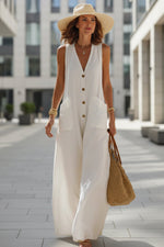 Women's Sleeveless Wide-Leg Jumpsuit with Button Pockets