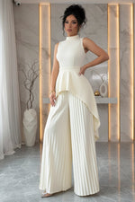 Women's Mock Neck Asymmetric Hi-Lo Peplum Top & Accordion Pleated Wide-Leg Palazzo Pants Set