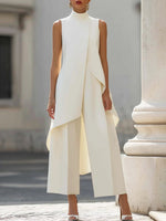 Women's Mock Turtleneck Sleeveless Asymmetric Cascade Drape Longline Top & Wide-Leg Cropped Trouser Set