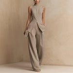 Women's Stand Collar Longline Vest Top & Wide-Leg Trousers Two-Piece Set