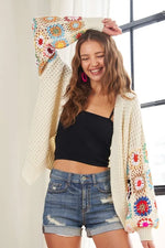 ADORA Full Size Contrast Crochet Open Front Long Sleeve Cardigan - Shopimist