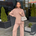 Women's Fine-Knit Mock-Neck Oversized Tunic Top & Wide-Leg Trouser Set