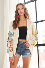 ADORA Full Size Contrast Crochet Open Front Long Sleeve Cardigan - Shopimist