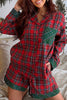 Plaid Contrast Patched Christmas Holiday Long Sleeve Shirt and Short 2pcs Pajama Set