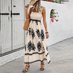 Women's Wide-Strap Printed Maxi Dress – Smocked Bodice & Tassel Waist