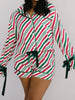 Stripe Contrast Velvet Ribbon Knot Christmas 2pcs Pajama Set