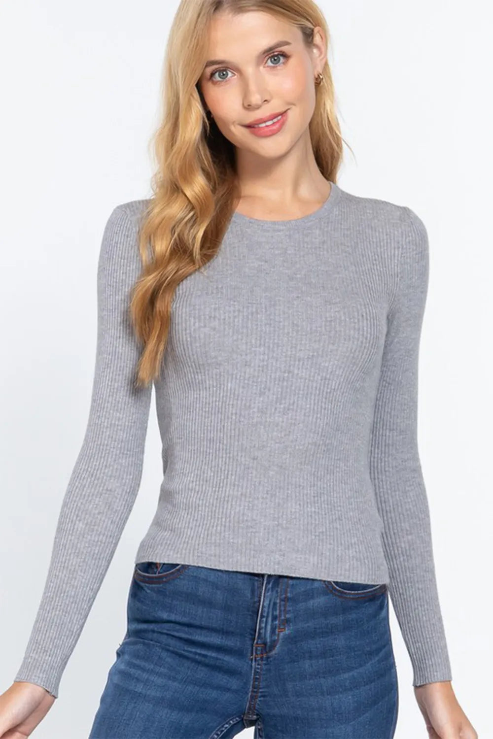 ACTIVE BASIC Full Size Ribbed Round Neck Long Sleeve Knit Top - Shopimist