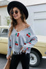 Cherry Pattern Frayed Trim V-Neck Sweater test