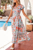 Floral Print V Neck Contrast Trim Flutter Sleeve Long Dress