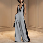 Women's Deep V-Neck Contrast Panel Wide-Leg Jumpsuit